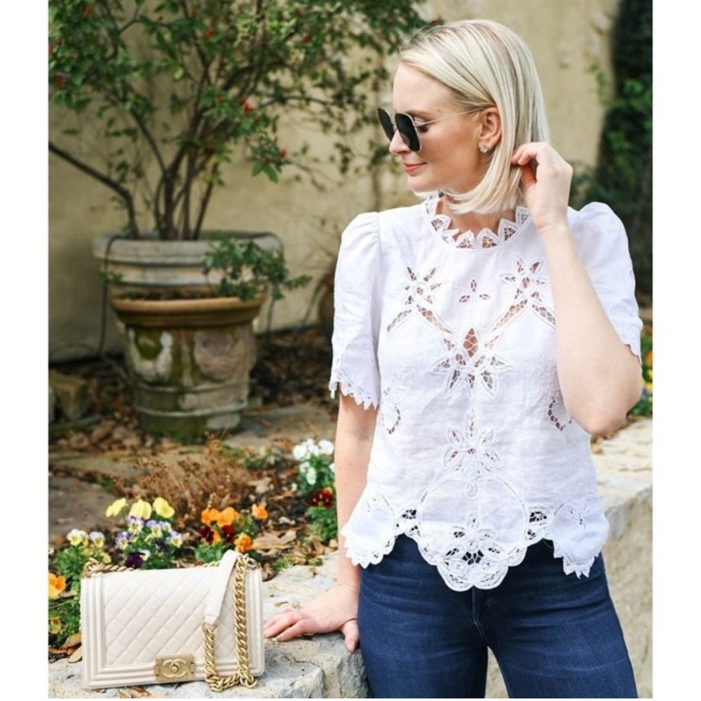 Rebecca Taylor Terri Top Embroidered Blouse Linen White Medium Milk